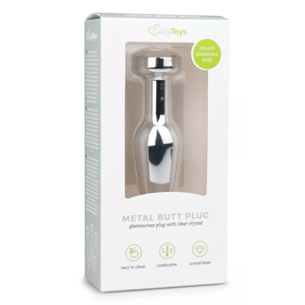 Анальная пробка металлическая Easytoys Metal Butt Plug с белым камушком, 11.4 х 2.8 см фото №2 — секс игрушки: Украина, NO TABOO