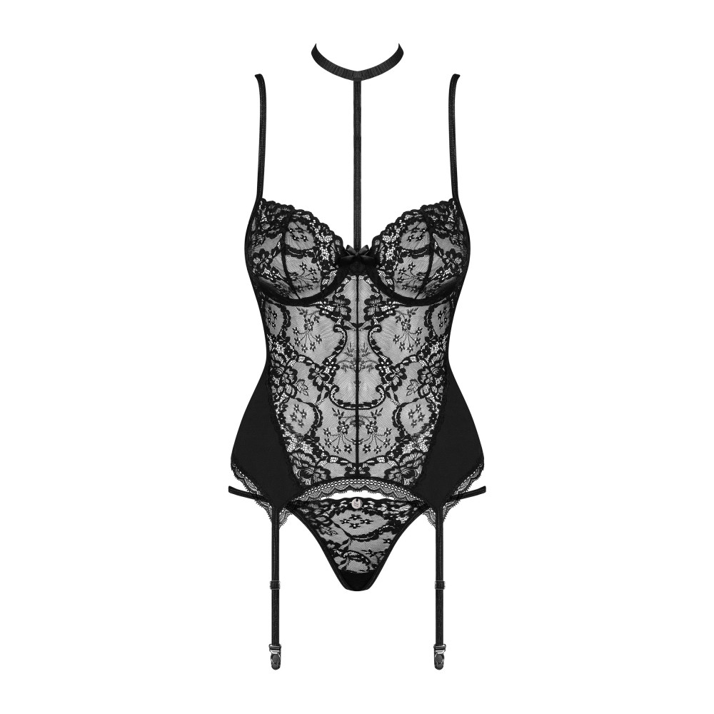 Сексуальный корсет кружевной Obsessive Raquelia, L/XL, со стрингами, черный, фото №6 — секс шоп Украина, NO TABOO
