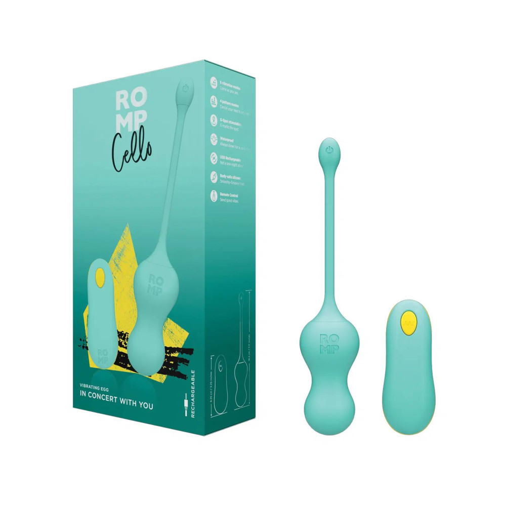 Виброяйцо ROMP Cello с пультом из силикона, бирюзовый, 18.2 см х 3.9 см фото №0 — секс игрушки: Украина, NO TABOO