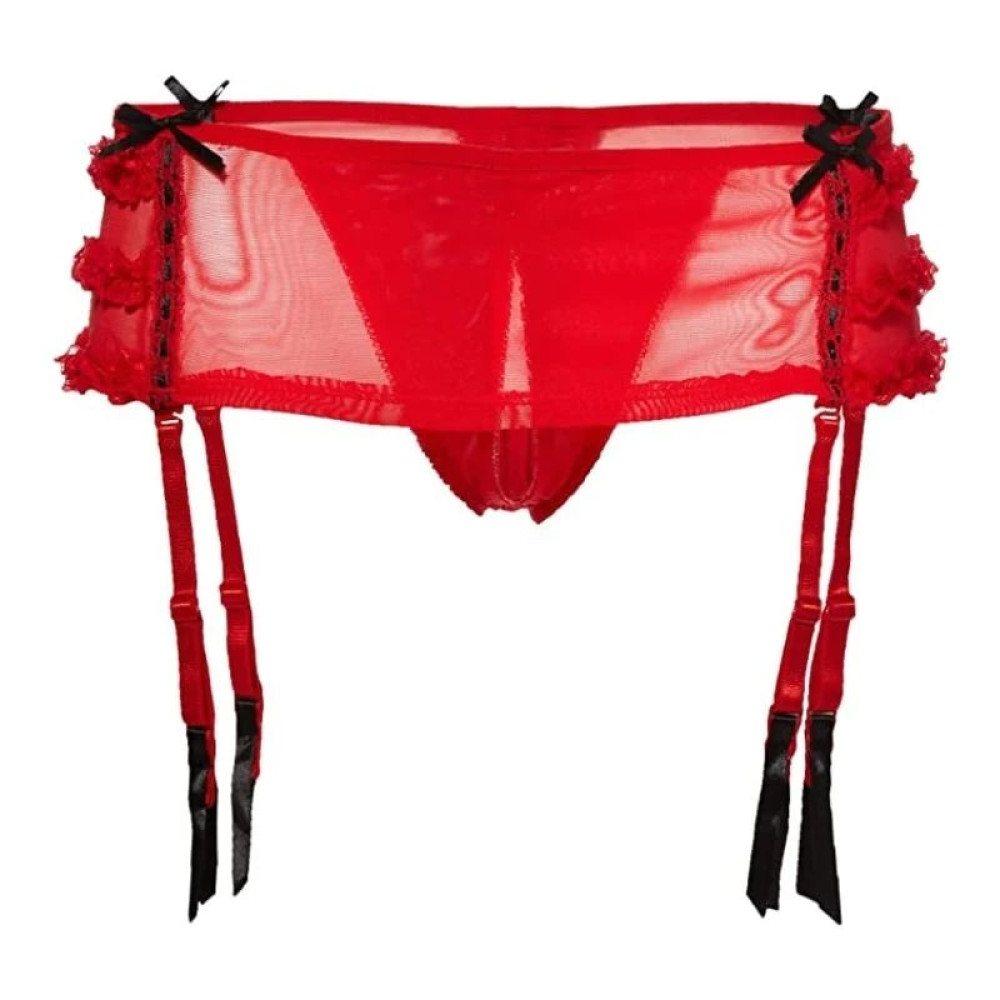 Трусики с подвязками и вырезом René Rofé Crotchless mesh skirted thong with garters red, S/M, фото №3 — секс шоп Украина, NO TABOO