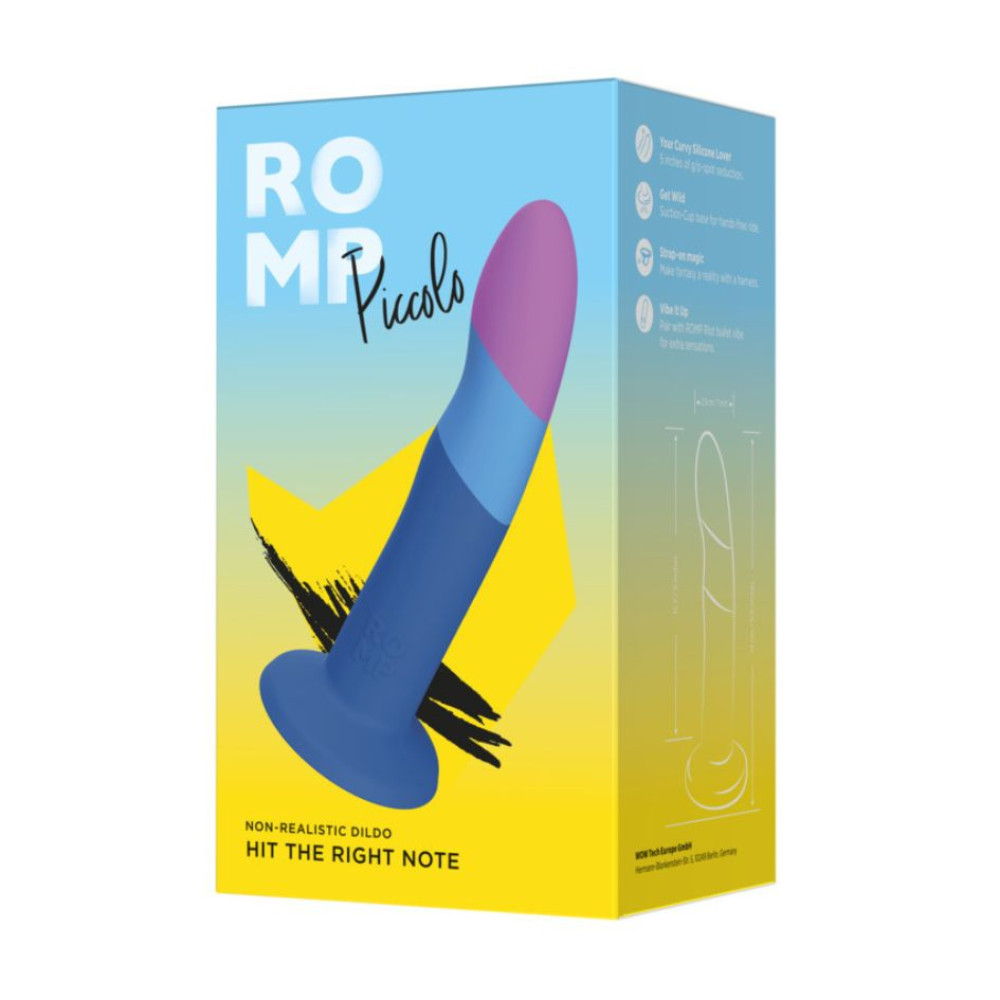 Нереалистичный фаллоимитатор ROMP Piccolo Dildo насадка на страпон на присоске, для точки G и P, синий, 14 см х 2.9 см фото №4 — секс игрушки: Украина, NO TABOO