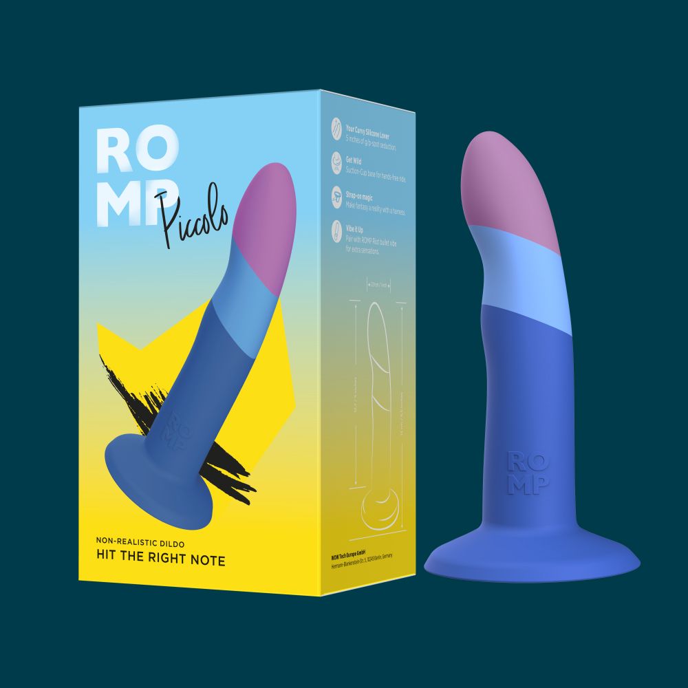 Нереалистичный фаллоимитатор ROMP Piccolo Dildo насадка на страпон на присоске, для точки G и P, синий, 14 см х 2.9 см фото №20 — секс игрушки: Украина, NO TABOO