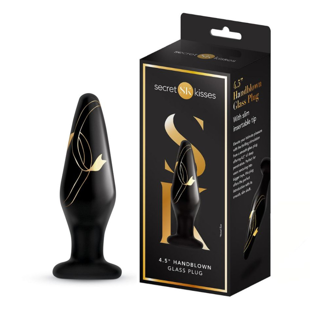 Анальная пробка стеклянная, 11.4 х 3.3 см, Secret Kisses Handblown Glass Plug с узором, черная фото №0 — секс игрушки: Украина, NO TABOO