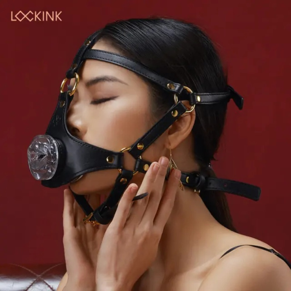 Маска на голову с поводком и ошейником LOCKINK Blowjob Head Harness Muzzle for Puppy Play для минета, черная, фото №5 — секс шоп Украина, NO TABOO