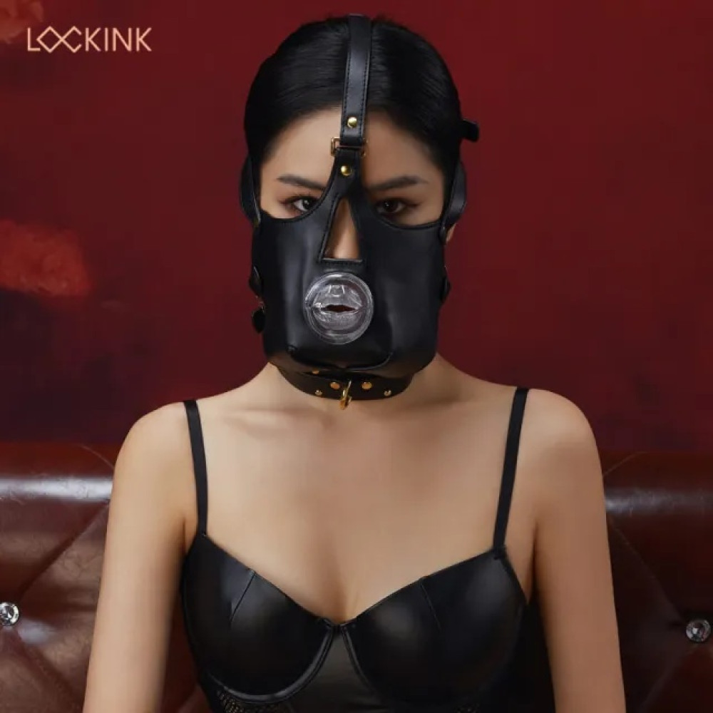 Маска на голову с поводком и ошейником LOCKINK Blowjob Head Harness Muzzle for Puppy Play для минета, черная, фото №4 — секс шоп Украина, NO TABOO