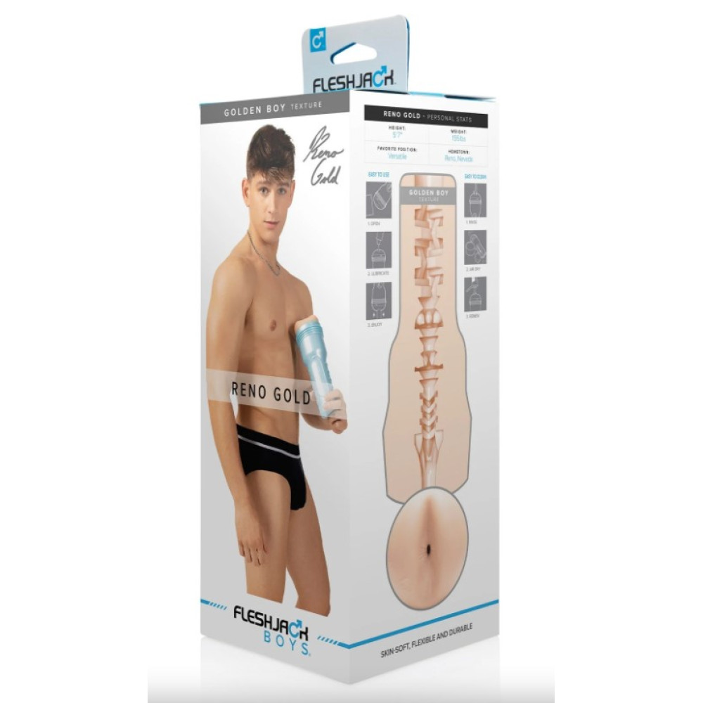Маструбатор анус, киберкожа в колбе, Fleshjack Boys Reno Gold Golden Boy Signature Butt, бежевый фото №2 — секс игрушки: Украина, NO TABOO