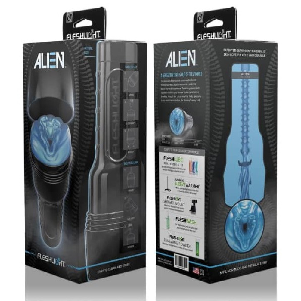 Мастурбатор вагина из киберкожи в колбе Fleshlight Freaks Alien Blue Metallic, синий, 24.8 см фото №2 — секс игрушки: Украина, NO TABOO