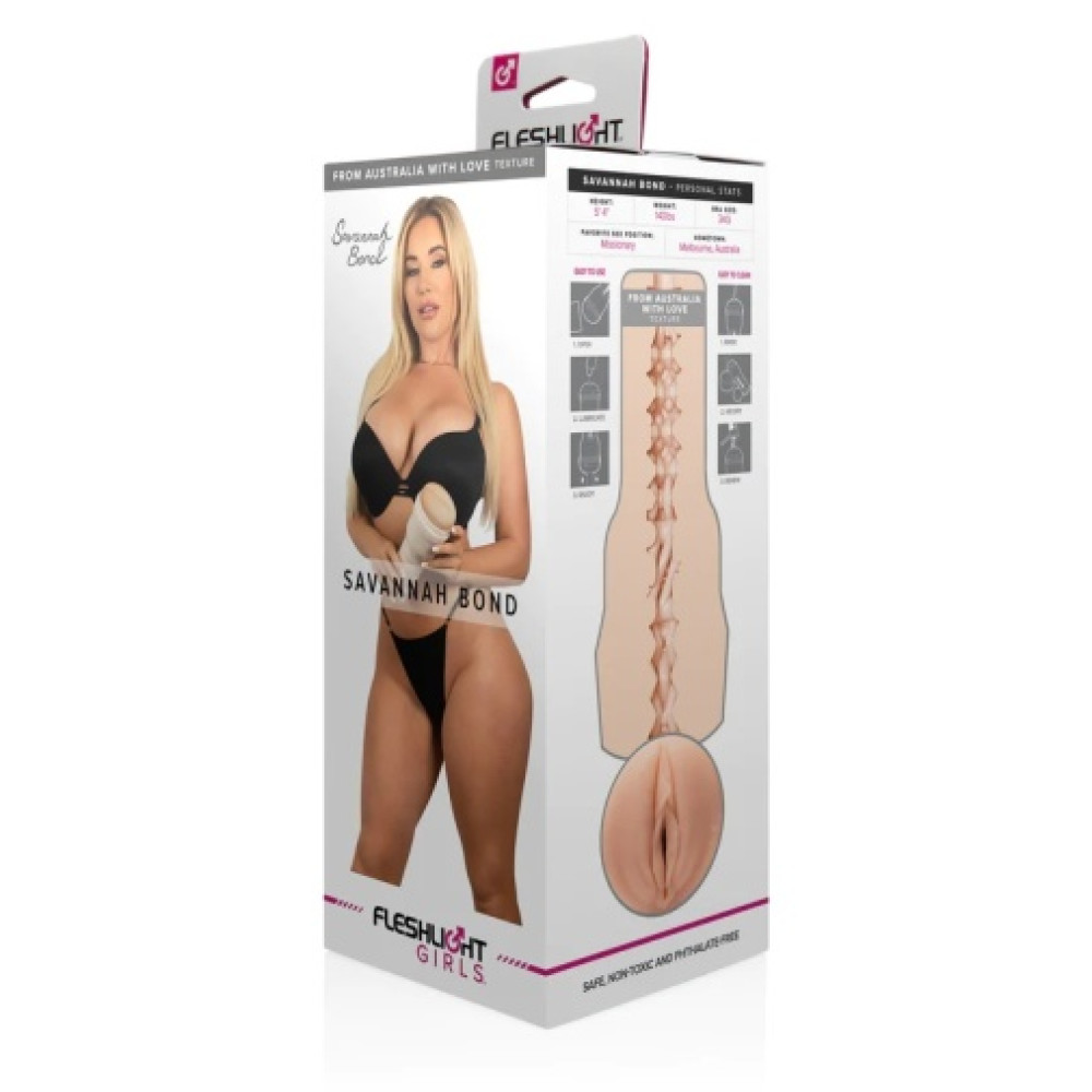 Мастурбатор вагина из киберкожи в колбе Fleshlight Girls Savannah Bond From Australia With Love, бежевый, 24.8 см фото №2 — секс игрушки: Украина, NO TABOO