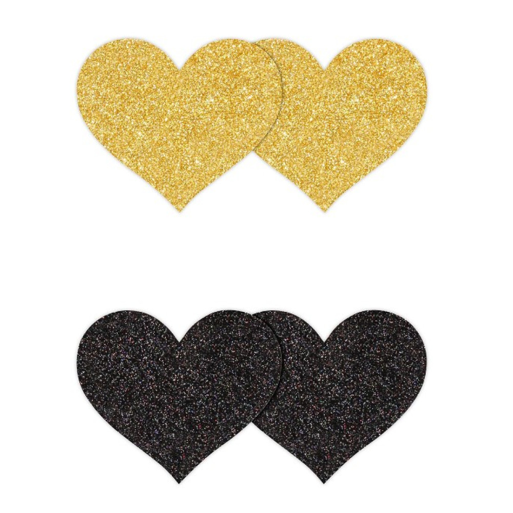 Пестисы в форме сердца Pretty Pasties Glitter Hearts, черные и золотые, O/S, фото №0 — секс шоп Украина, NO TABOO