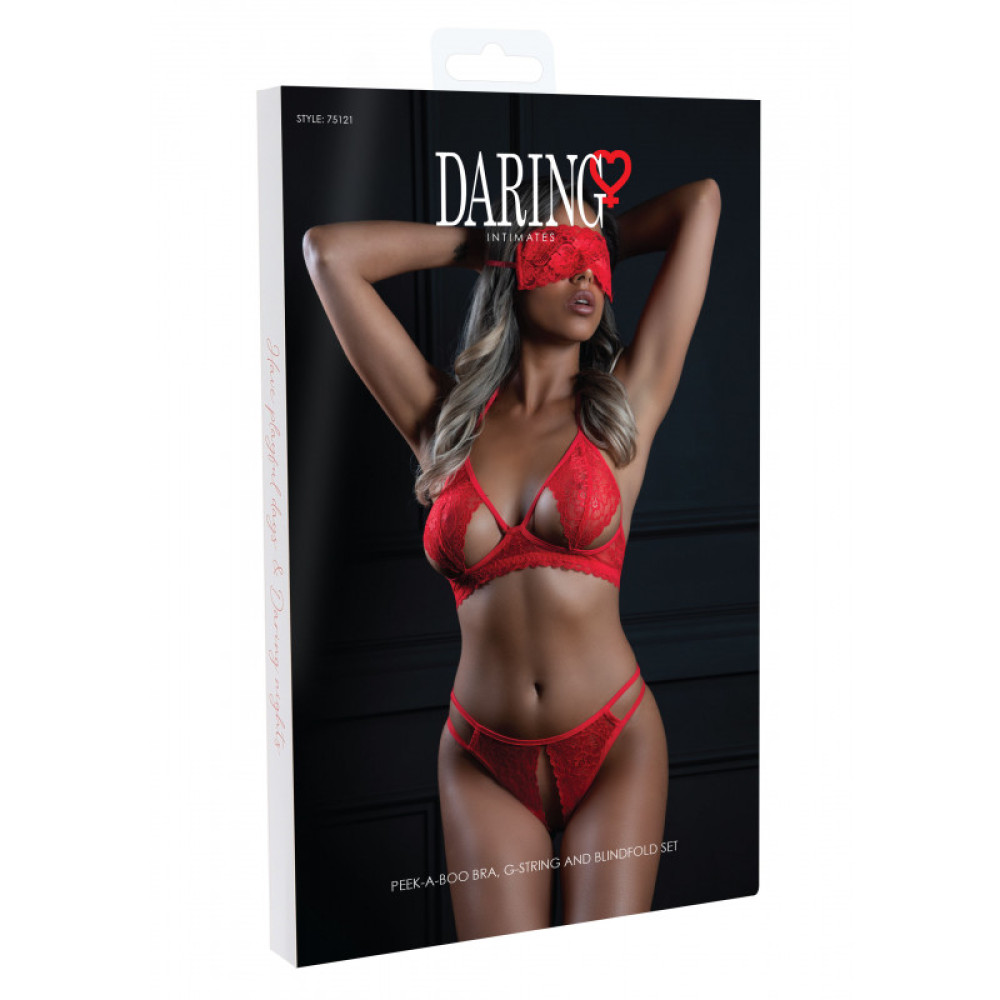Комплект с интимным доступом и маской Daring Intimates Bra, Panty and Blindfold, красный, S/M, фото №3 — секс шоп Украина, NO TABOO