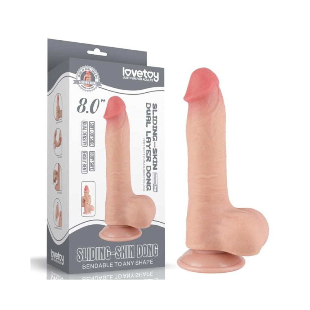 Фаллоимитатор реалистичный с мошонкой на присоске Lovetoy Sliding-Skin Dual Layer Dong, бежевый, 20 х 3.9 см фото №2 — секс игрушки: Украина, NO TABOO