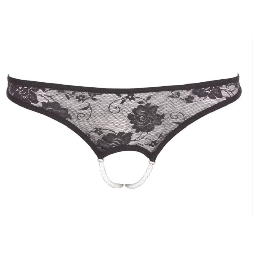Трусики кружевные с вырезом и бусами Cottelli Lingerie, черные, L, фото №4 — секс шоп Украина, NO TABOO
