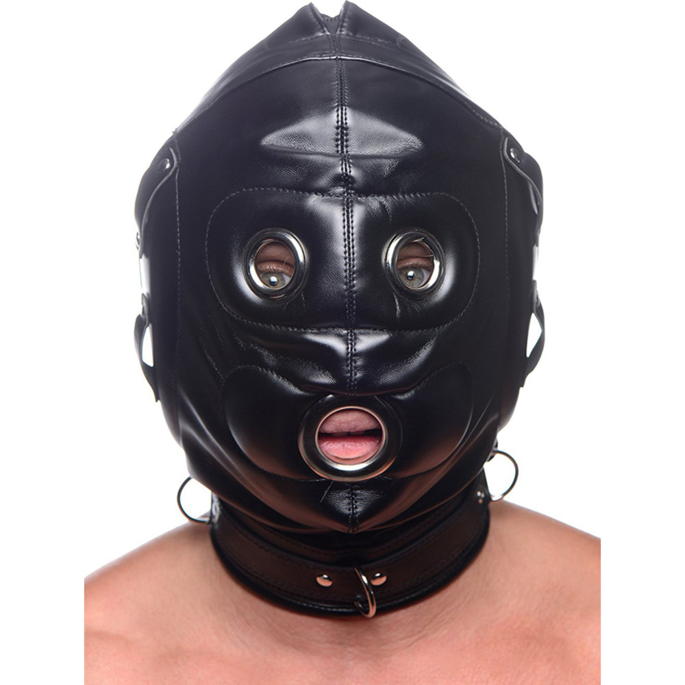 Шлем-маска на голову Bondage Hood с кляпом пенисом, черная, фото №2 — секс шоп Украина, NO TABOO