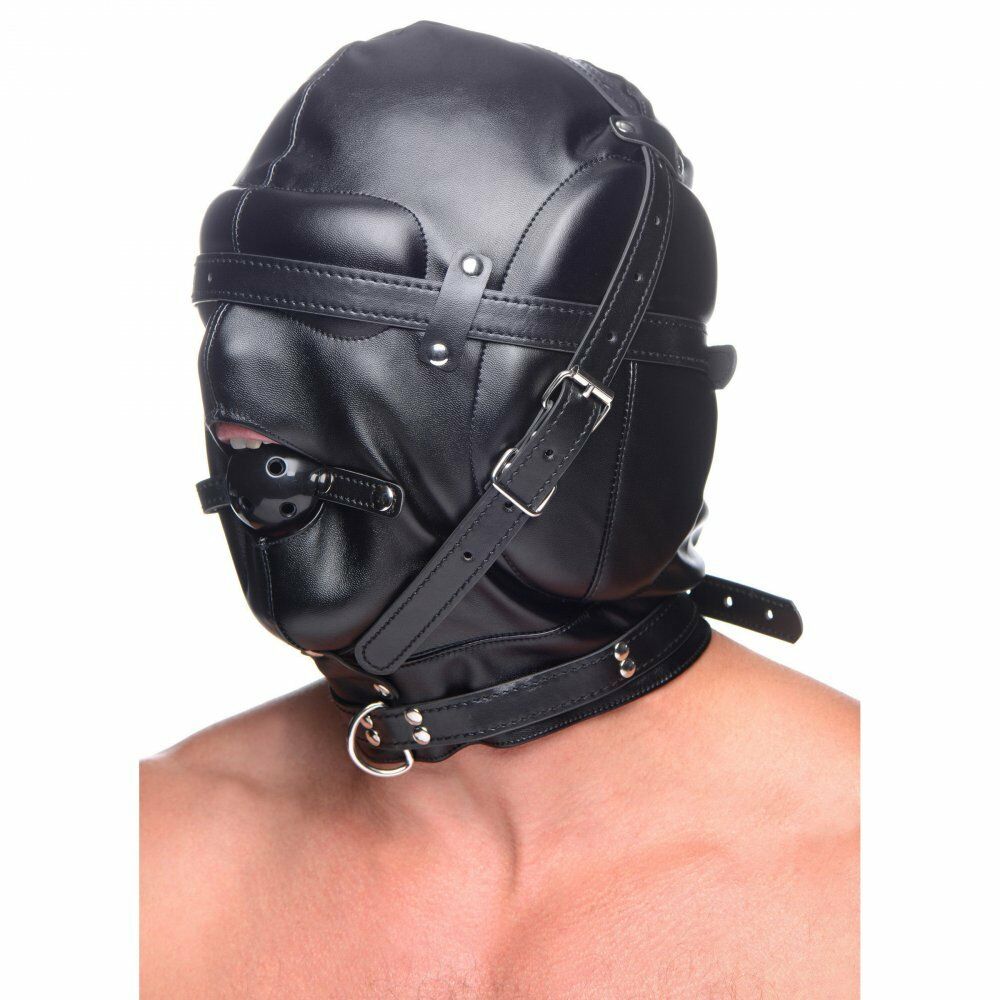 Шлем-маска на голову Bondage Hood с кляпом, черная, фото №2 — секс шоп Украина, NO TABOO