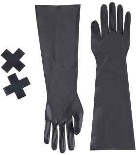 Перчатки латексные длинные черные с наклейками на соски, S/M - No Taboo