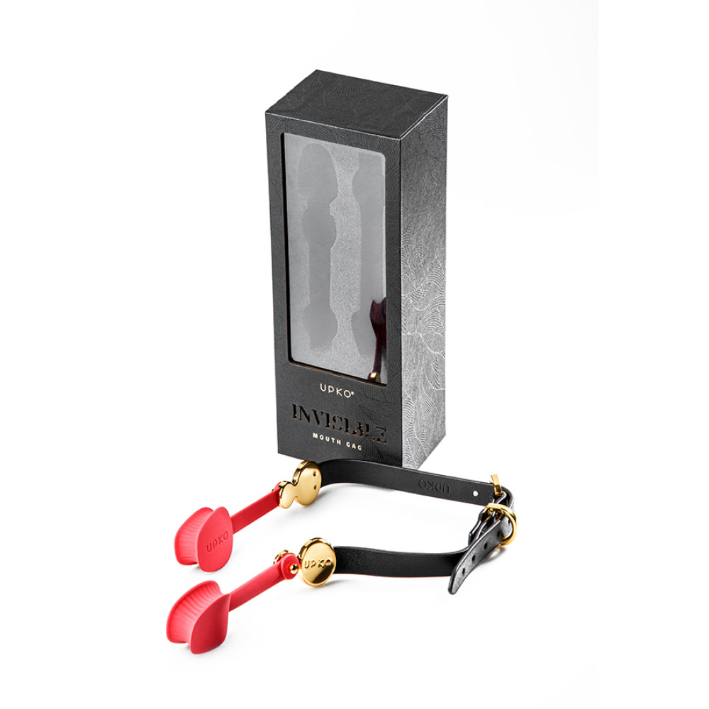 Кляп из силикона невидимый UPKO Invisible mouth Gag с ремешком из итальянской кожи, красный с черным, фото №5 — секс шоп Украина, NO TABOO