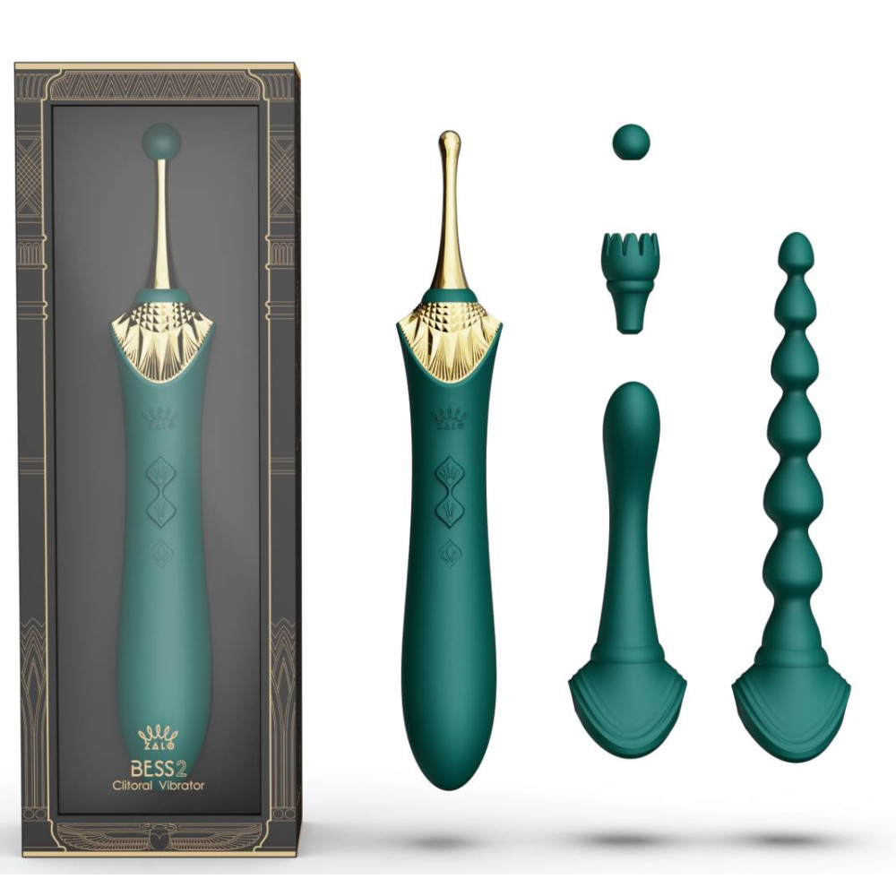 Вибратор двухсторонний универсальный ZALO BESS 2 Turquoise Green с 4 насадками и нагревом, зеленый фото №0 — секс игрушки: Украина, NO TABOO