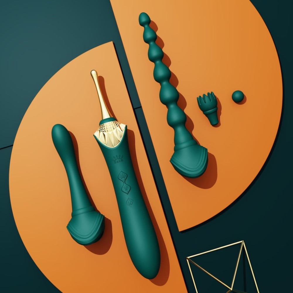 Вибратор двухсторонний универсальный ZALO BESS 2 Turquoise Green с 4 насадками и нагревом, зеленый фото №13 — секс игрушки: Украина, NO TABOO