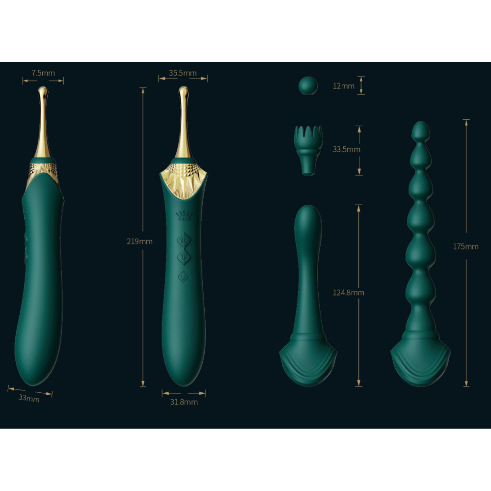 Вибратор двухсторонний универсальный ZALO BESS 2 Turquoise Green с 4 насадками и нагревом, зеленый фото №20 — секс игрушки: Украина, NO TABOO