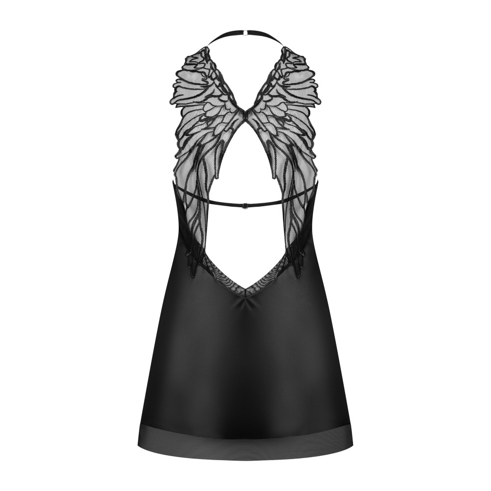 Сорочка атласная Obsessive Alifini с декоративными крыльями, черная, L/XL, фото №4 — секс шоп Украина, NO TABOO