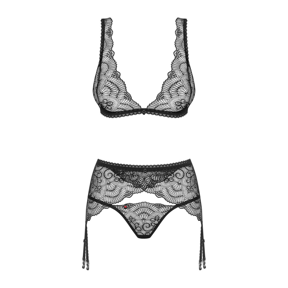 Комплект кружевной с поясом для чулок Obsessive Firella 3 предмета, черный, S/M, фото №5 — секс шоп Украина, NO TABOO