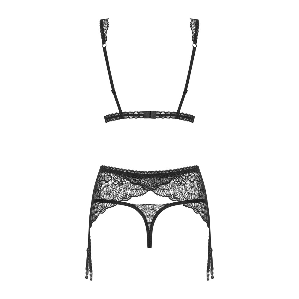Комплект кружевной с поясом для чулок Obsessive Firella 3 предмета, черный, S/M, фото №6 — секс шоп Украина, NO TABOO