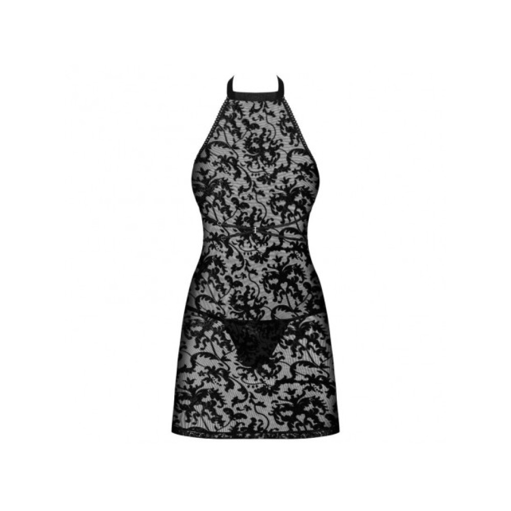 Сорочка з трусиками Obsessive Softily с узором и застежкой на шее, черная, L|XL, фото №4 — секс шоп Украина, NO TABOO