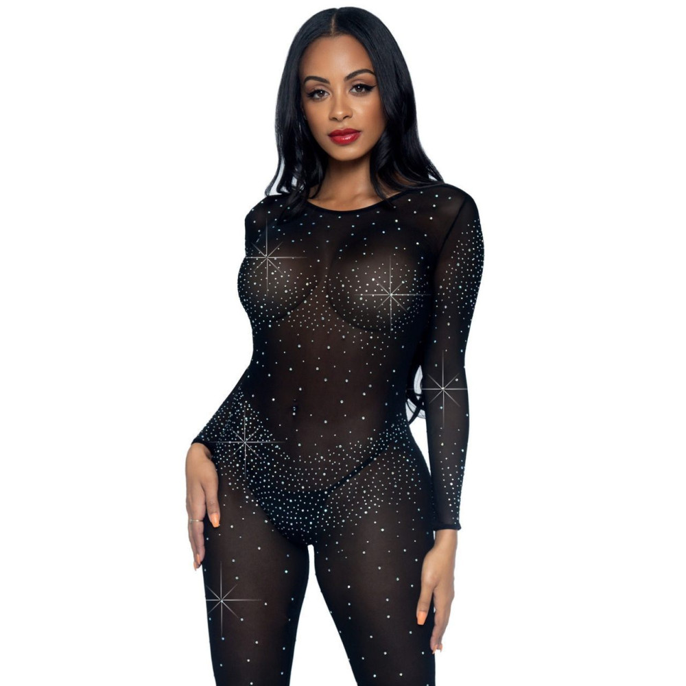 Полупрозрачный комбинезон Leg Avenue Rhinestone со стразами и вырезом на спине, черный, M, фото №3 — секс шоп Украина, NO TABOO