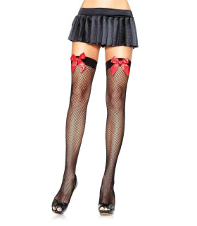 Чулки в сеточку с бантом Leg Avenue чёрные с красным, O/S - No Taboo