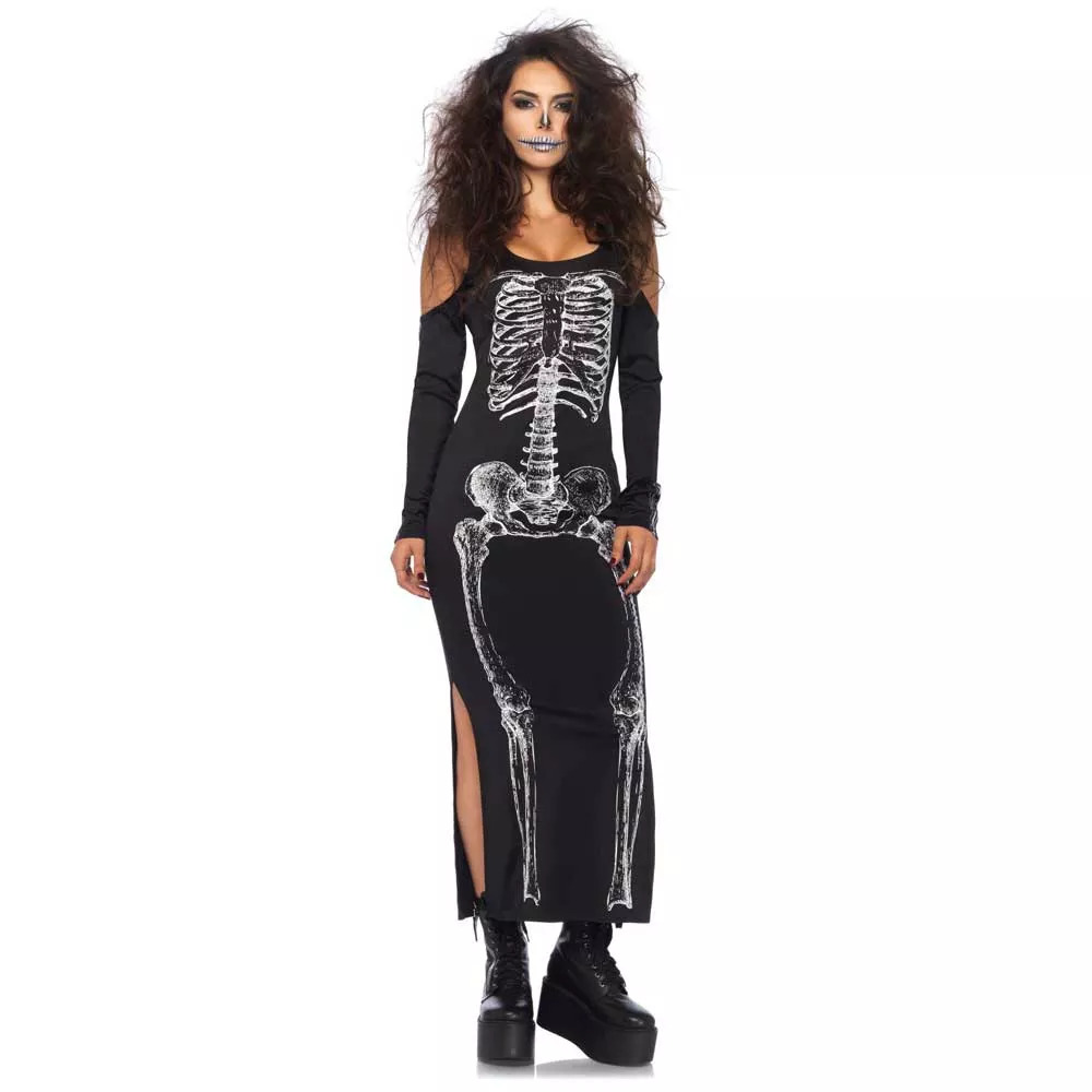 Платье макси Leg Avenue Skeleton, S/M, с принтом скелета и боковым вырезом, черное, фото №0 — секс шоп Украина, NO TABOO