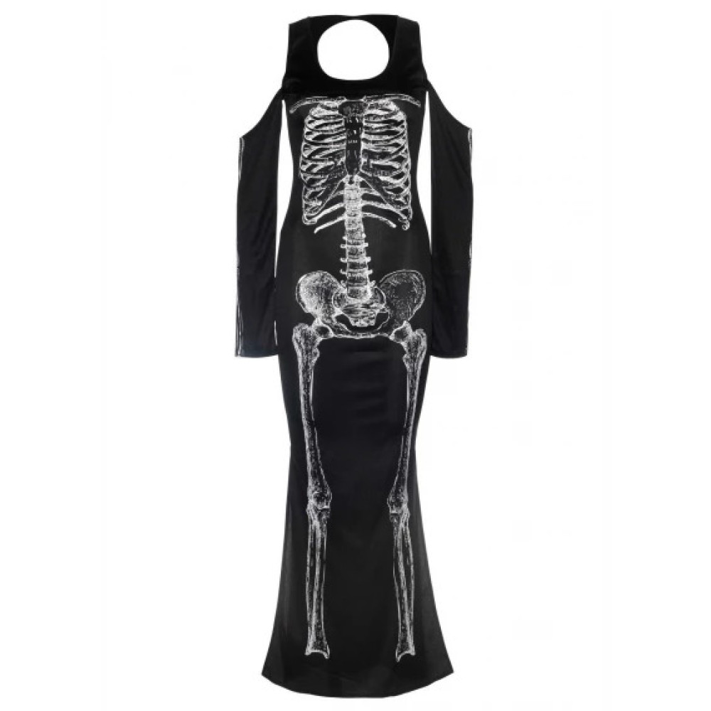 Платье макси Leg Avenue Skeleton, S/M, с принтом скелета и боковым вырезом, черное, фото №3 — секс шоп Украина, NO TABOO
