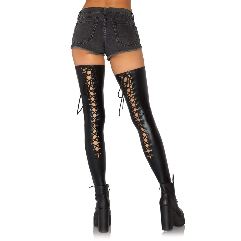 Чулки со шнуровкой Leg Avenue Wetlook, черные, M/L, фото №2 — секс шоп Украина, NO TABOO