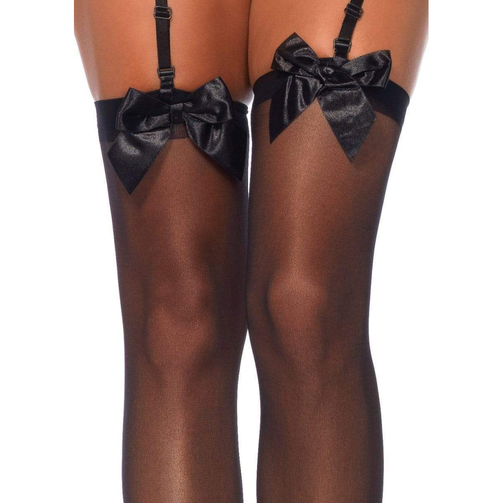 Чулки с бантиком Leg Avenue Sheer Thigh Highs, черные, O/S, фото №2 — секс шоп Украина, NO TABOO