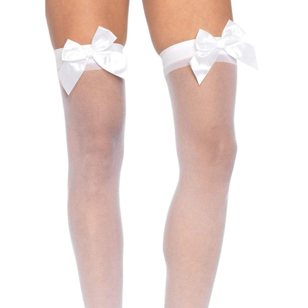 Чулки с бантиком Leg Avenue Sheer Thigh Highs, белые, O/S, фото №2 — секс шоп Украина, NO TABOO