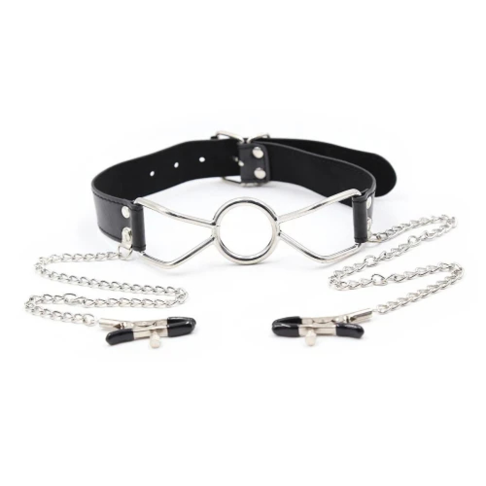 Кляп-кольцо с зажимами для сосков Fetish Ring Gag with Nipple Clamps, черного цвета, фото №0 — секс шоп Украина, NO TABOO