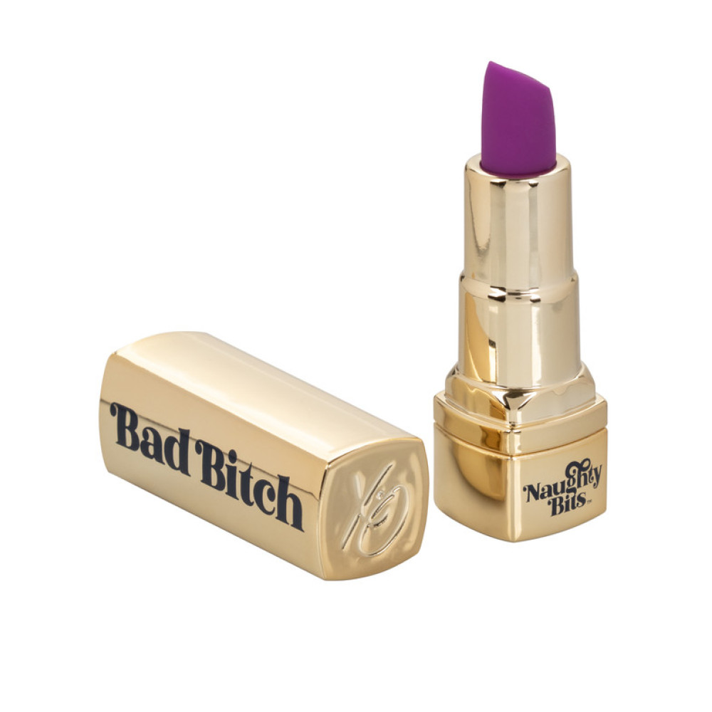 Вибратор в виде помады Bad Bitch Lipstick Vibrator, золотой корпус с фиолетовой помадой, 7.5 см х 1.25 см фото №2 — секс игрушки: Украина, NO TABOO