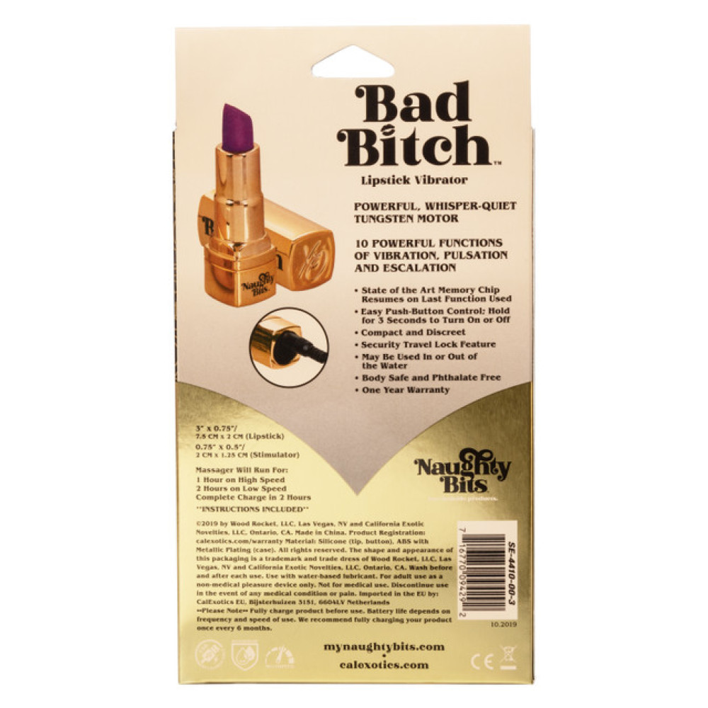 Вибратор в виде помады Bad Bitch Lipstick Vibrator, золотой корпус с фиолетовой помадой, 7.5 см х 1.25 см фото №4 — секс игрушки: Украина, NO TABOO
