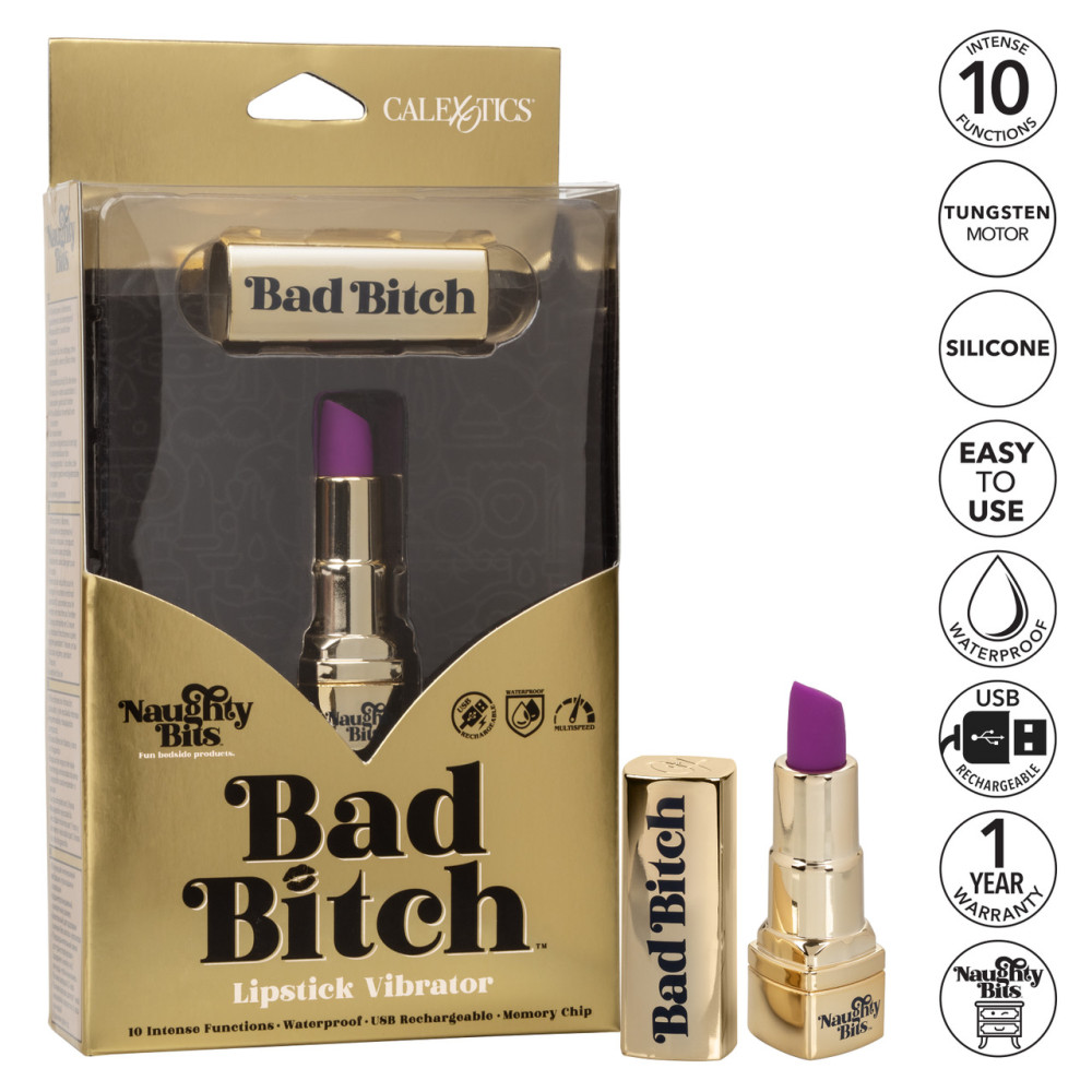 Вибратор в виде помады Bad Bitch Lipstick Vibrator, золотой корпус с фиолетовой помадой, 7.5 см х 1.25 см фото №6 — секс игрушки: Украина, NO TABOO