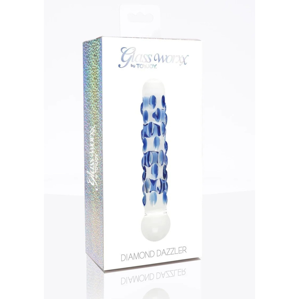 Фаллоимитатор стеклянный с рельефом Diamond Dazzler прозрачный с голубым, 18 см х 3.5 см фото №2 — секс игрушки: Украина, NO TABOO