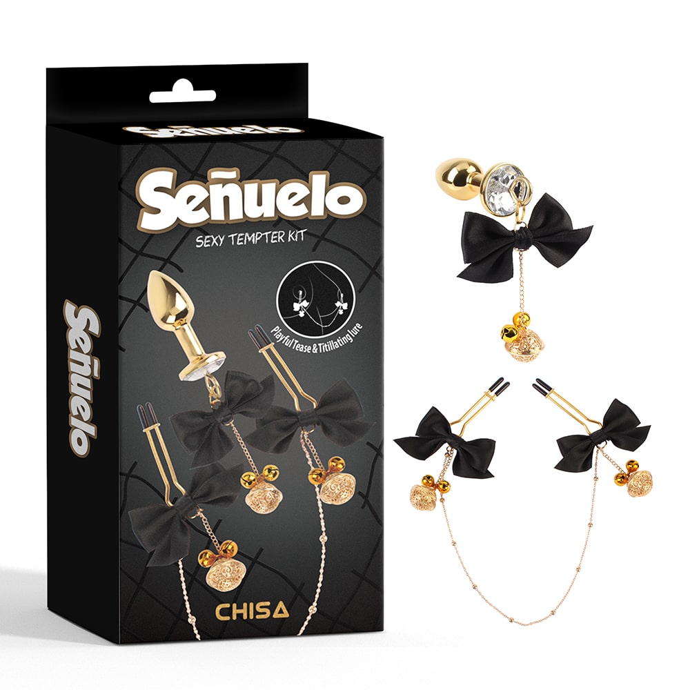 Набор анальная пробка и зажимы для сосков Chisa Senuelo Kit с черными бантами, кулонами и цепочкой, фото №0 — секс шоп Украина, NO TABOO