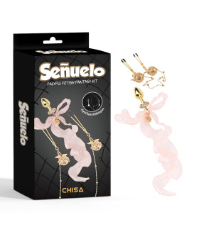 Набір анальна пробка і затискачі для сосків Chisa Senuelo Kit з бантиком і кулонами, золотий - No Taboo