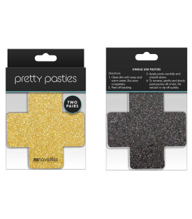 Наклейки на соски в форме Х Pretty Pasties Glitter Cross 2 пары, черные и золотые, 8 см - No Taboo