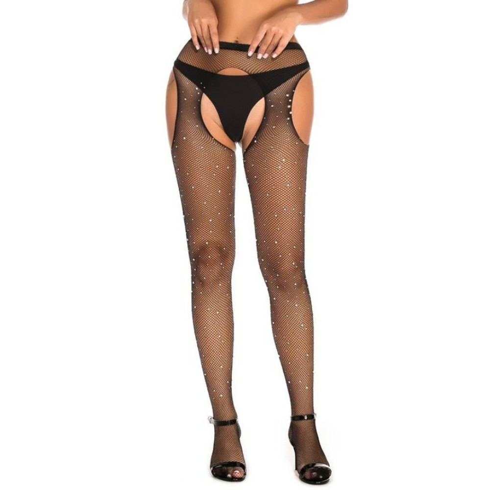 Колготки в сеточку со стразами Star Night Diamonds Pantyhose с вырезами, черные, One Size (XS-M), фото №2 — секс шоп Украина, NO TABOO