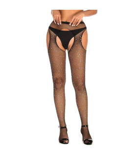 Колготки в сеточку со стразами Star Night Diamonds Pantyhose с вырезами, черные, One Size (XS-M) - No Taboo