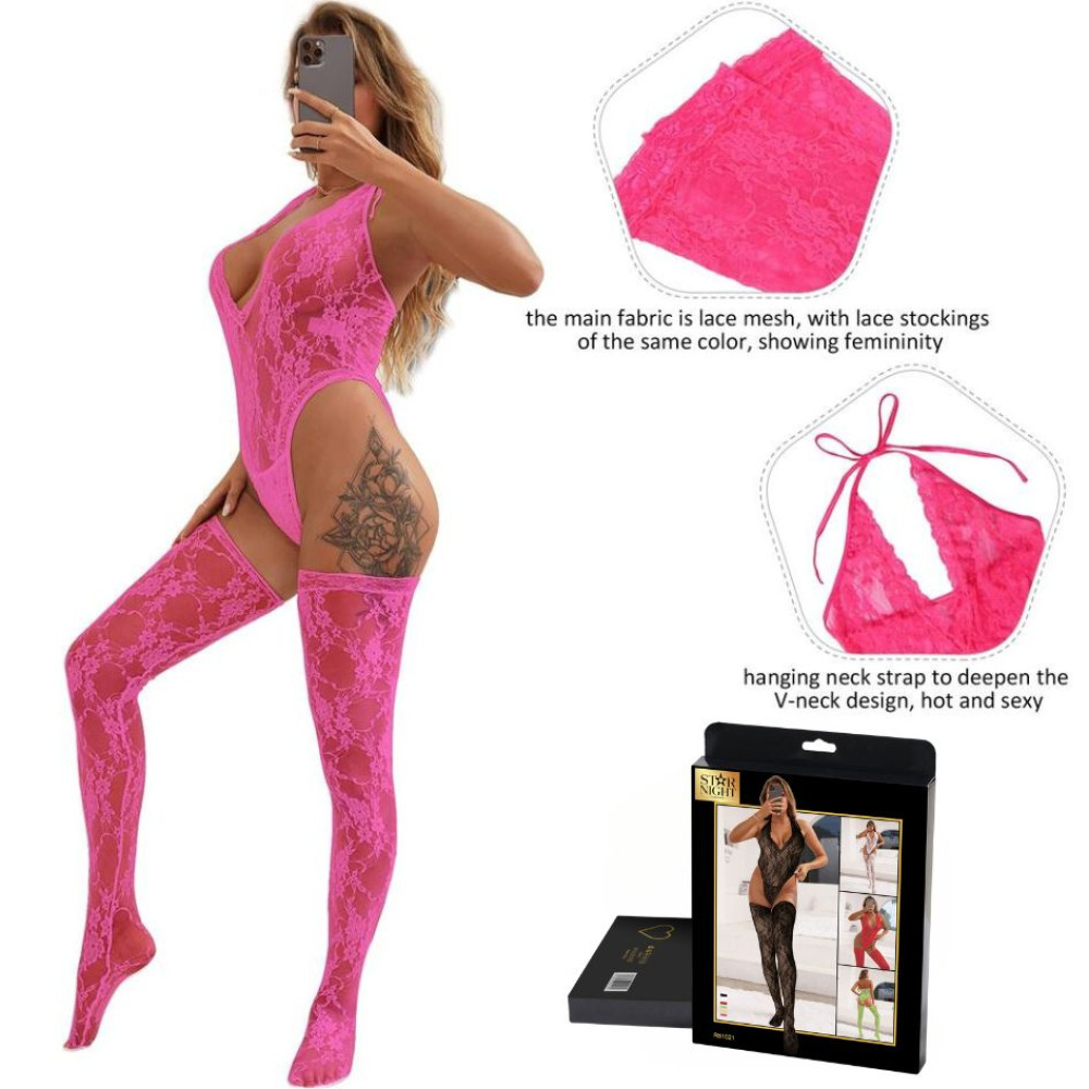 Комплект боди и чулки Star Night Sexy Lace из кружева, розовый, XS-S, фото №6 — секс шоп Украина, NO TABOO