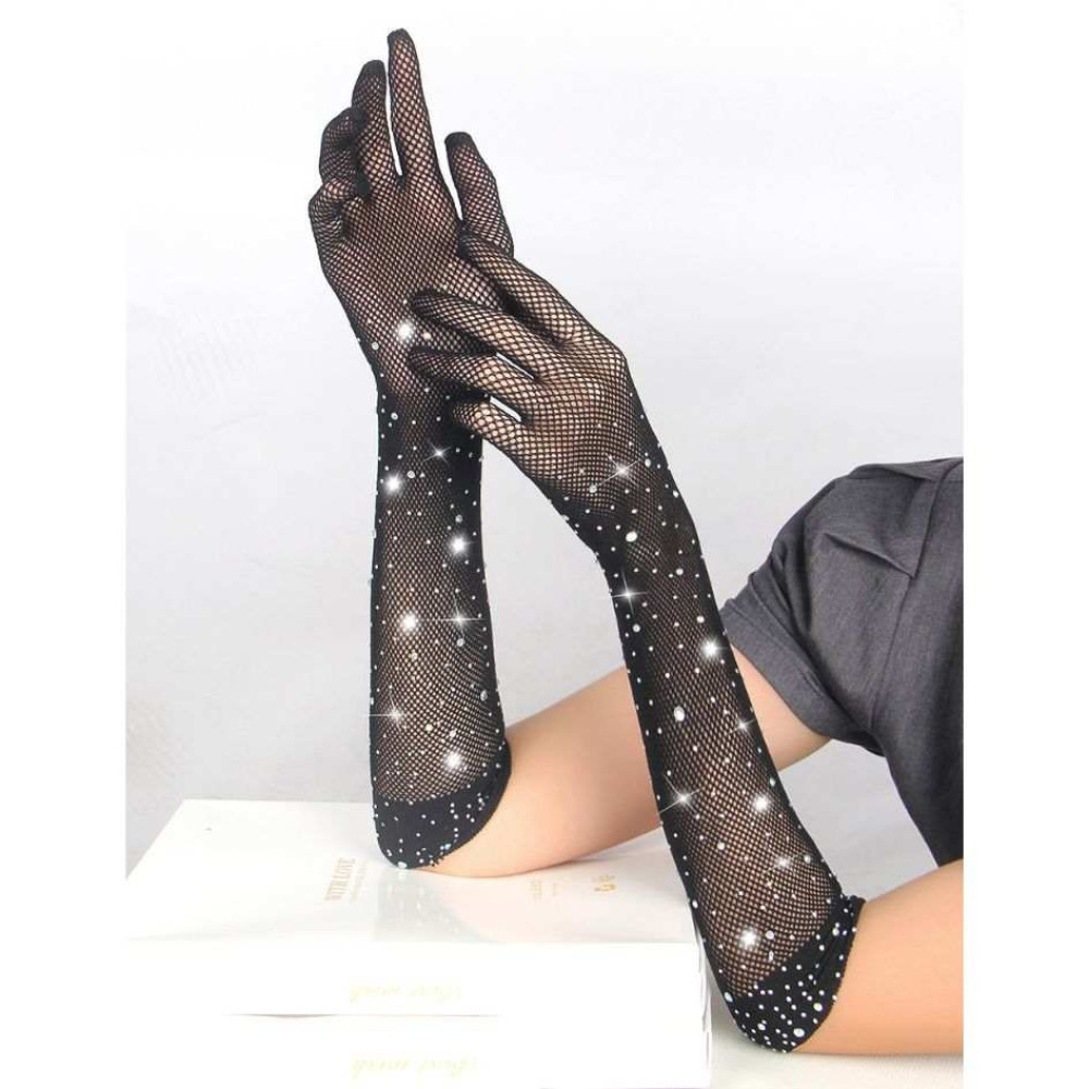 Перчатки в сетку со стразами Star Night Glitter Rhinestone Gloves черные, OS, фото №0 — секс шоп Украина, NO TABOO