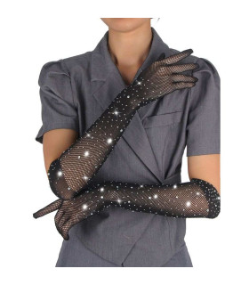 Перчатки в сетку со стразами Star Night Glitter Rhinestone Gloves черные, OS - No Taboo