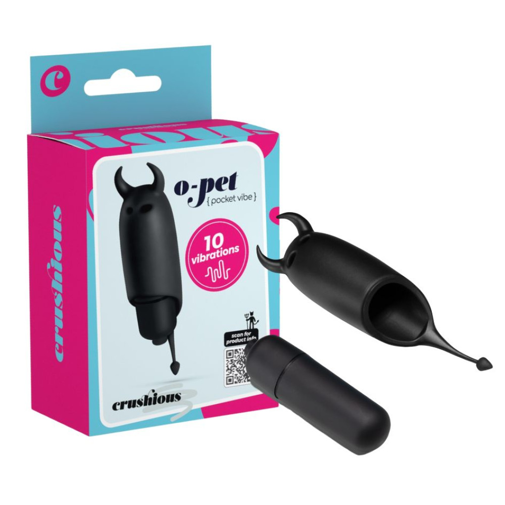 Мини-вибратор вибропуля с насадкой Crushios O-Pet Devil черного цвета, 9.2 х 2.5 см фото №0 — секс игрушки: Украина, NO TABOO