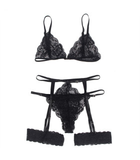 Кружевной комплект Star Night Sexy Set лиф, трусики-пояс с подвязками, черный, XS-S - No Taboo