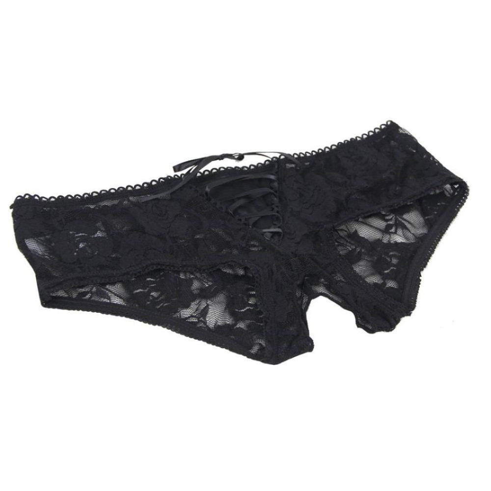 Трусики с интимным вырезом Star Night Lace Panty кружевные с лентами и бантиками, черные, XS-S, фото №3 — секс шоп Украина, NO TABOO